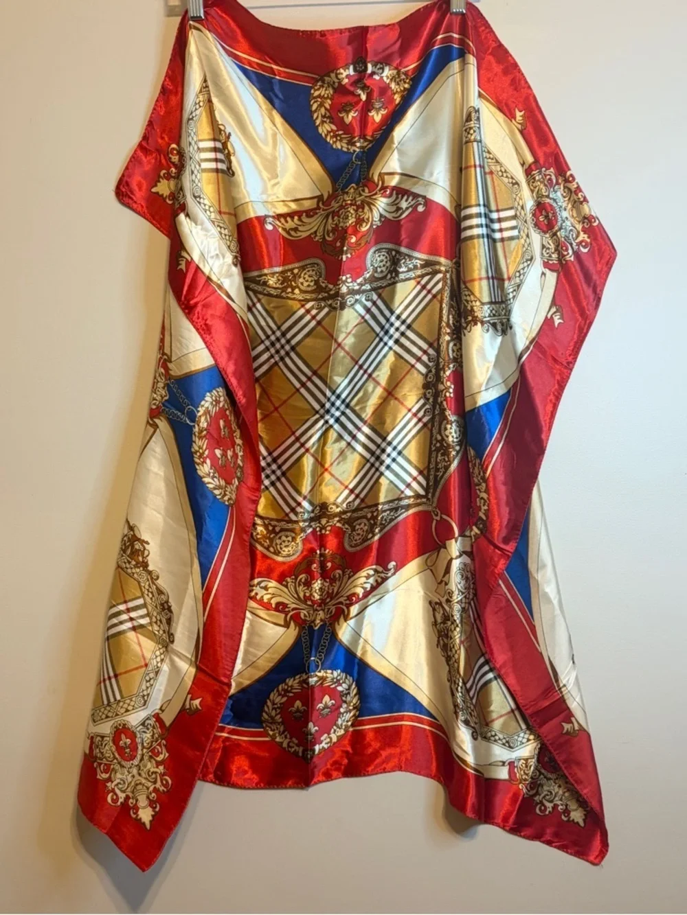 Red & Gold Satin Print Fashion Scarf with Blue Accents
